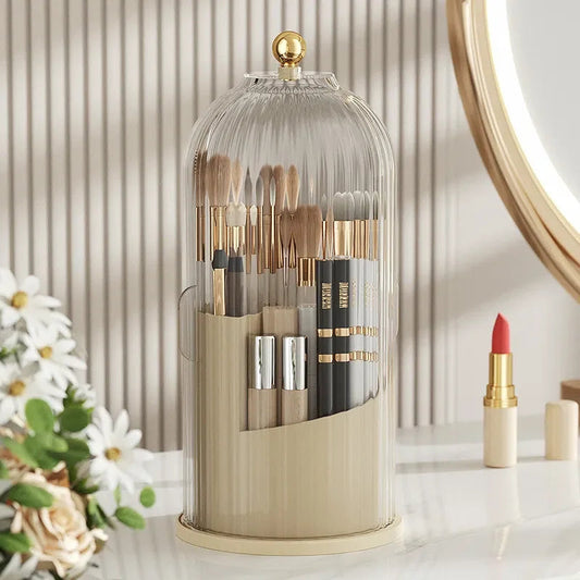 Luxury 360° Rotary Makeup Organizer with Cover – Brush, Lipstick, Eyebrow Pencil & Eye Shadow Storage Box