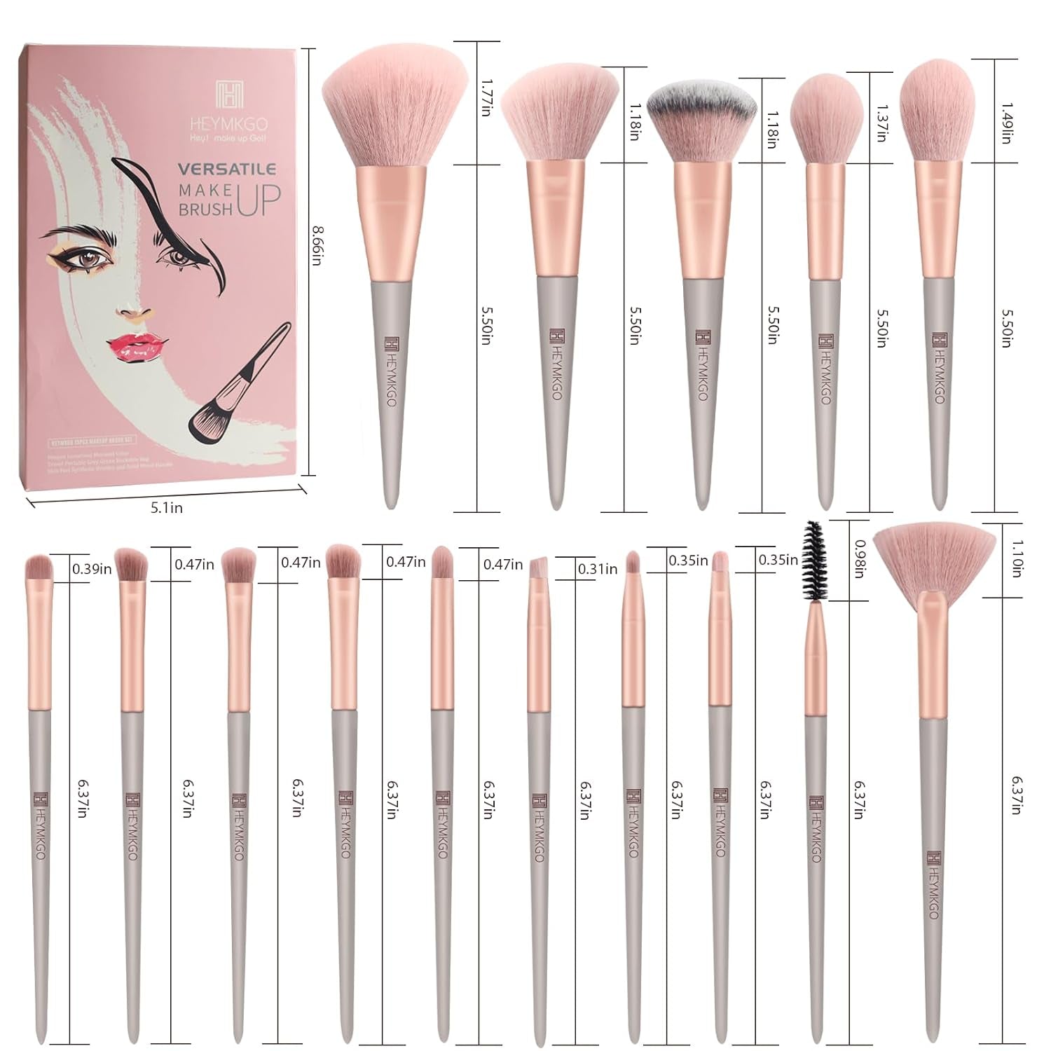 HEYMKGO 15-Piece Makeup Brush Set – Green Tapered Handles with Soft Synthetic Bristles for Face & Eye Makeup, Includes Portable Pink Flannel Drawstring Pouch