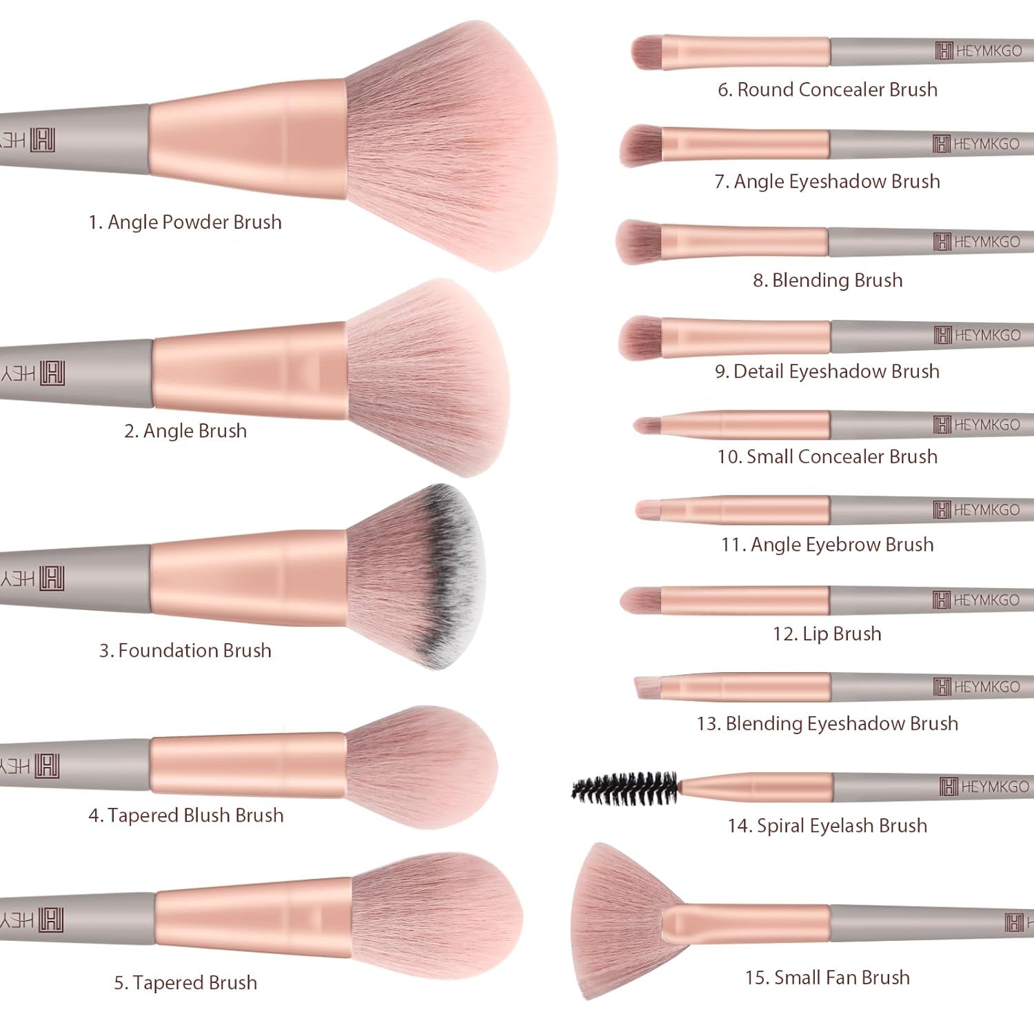 HEYMKGO 15-Piece Makeup Brush Set – Green Tapered Handles with Soft Synthetic Bristles for Face & Eye Makeup, Includes Portable Pink Flannel Drawstring Pouch