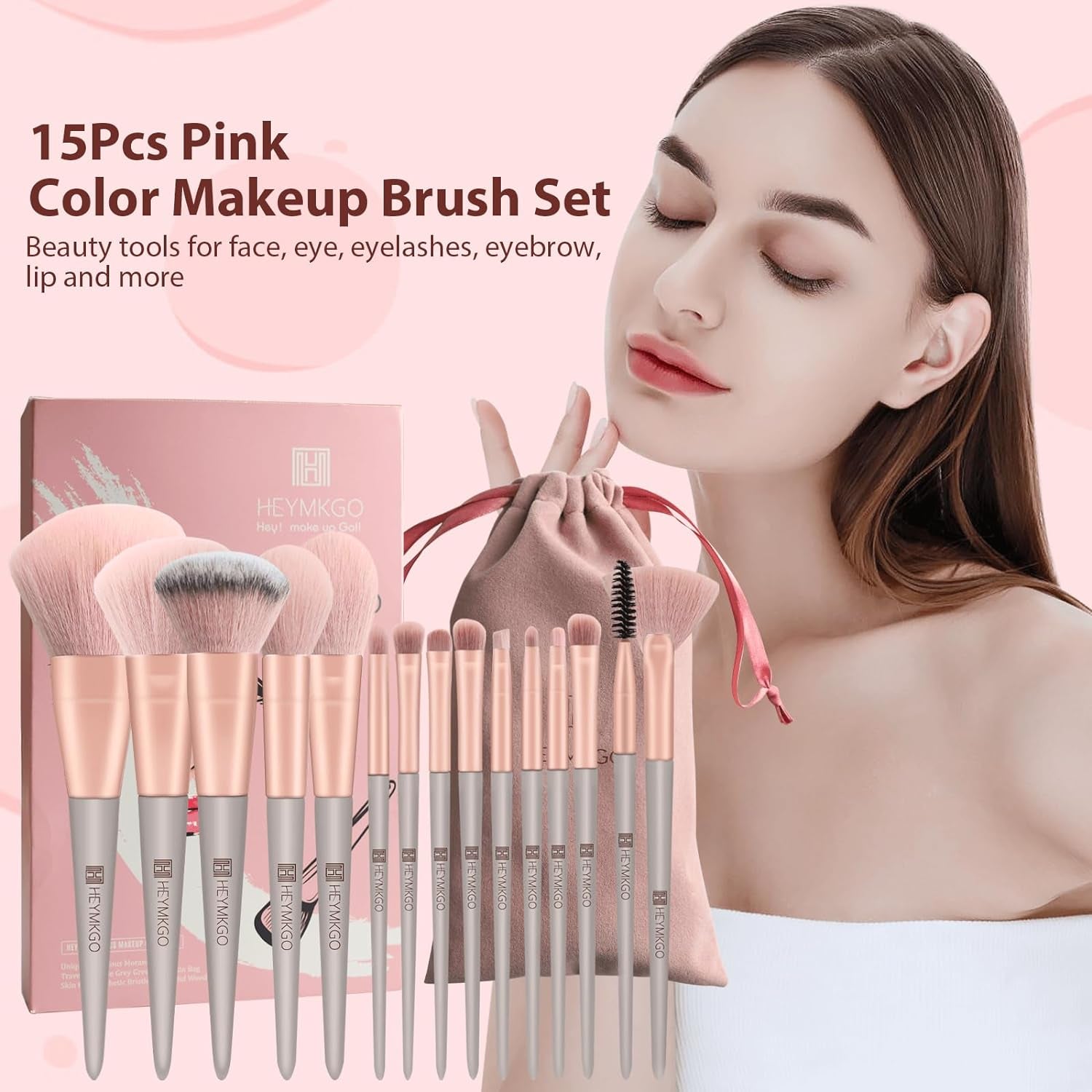 HEYMKGO 15-Piece Makeup Brush Set – Green Tapered Handles with Soft Synthetic Bristles for Face & Eye Makeup, Includes Portable Pink Flannel Drawstring Pouch