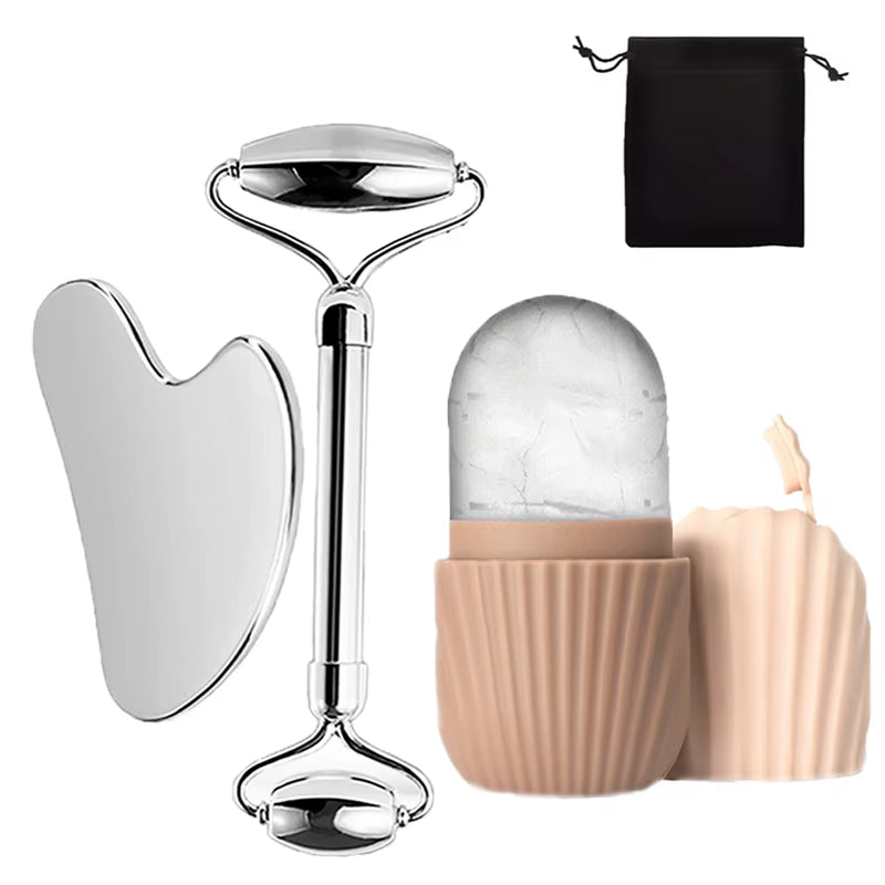 Luxury Ice Roller & Gua Sha Set – Refreshing Facial Massage Tools for Radiant, Lifted Skin 1/2/3 Pcs, Gift (Cloth Bag)
