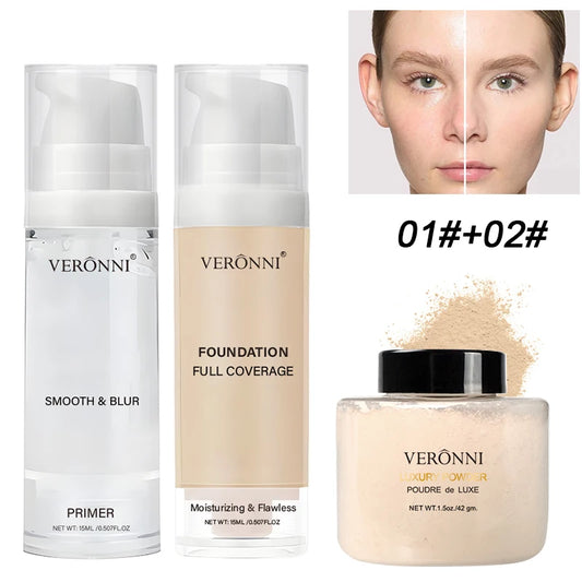 3pcs Face Makeup Kit Include 15ml Full Coverage Liquid Foundation Hydrating Makeup Primer and Loose Powder,Sweat-resistant