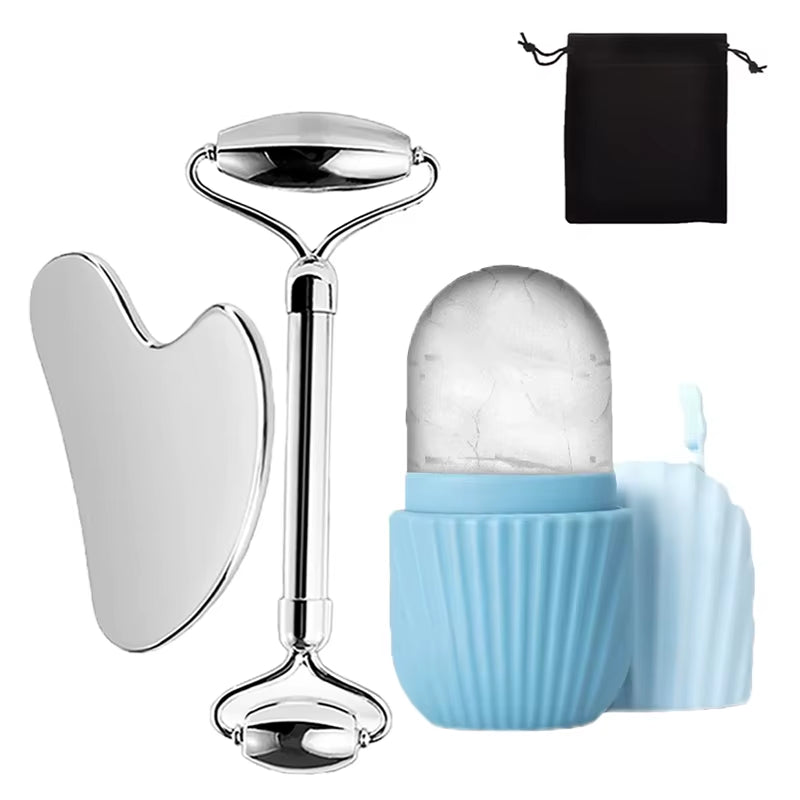 Luxury Ice Roller & Gua Sha Set – Refreshing Facial Massage Tools for Radiant, Lifted Skin 1/2/3 Pcs, Gift (Cloth Bag)