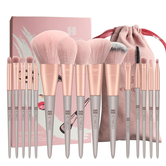 HEYMKGO 15-Piece Makeup Brush Set – Green Tapered Handles with Soft Synthetic Bristles for Face & Eye Makeup, Includes Portable Pink Flannel Drawstring Pouch