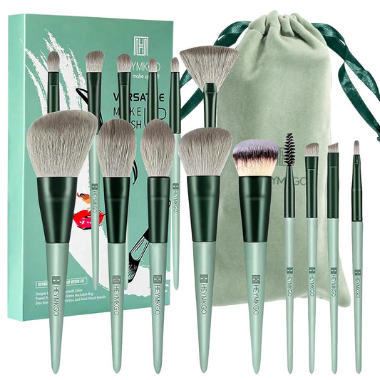 HEYMKGO Makeup Brush Set – Professional Face & Eye Brushes with Wooden Handles, Flannel Travel Pouch with Drawstring