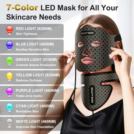 7-Color LED Face & Neck Mask – Red Light Therapy Skincare Device with Adjustable Brightness & Timer | Perfect Gift for Women, Suitable for All Skin Types