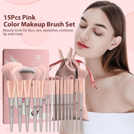 HEYMKGO 15-Piece Makeup Brush Set – Green Tapered Handles with Soft Synthetic Bristles for Face & Eye Makeup, Includes Portable Pink Flannel Drawstring Pouch